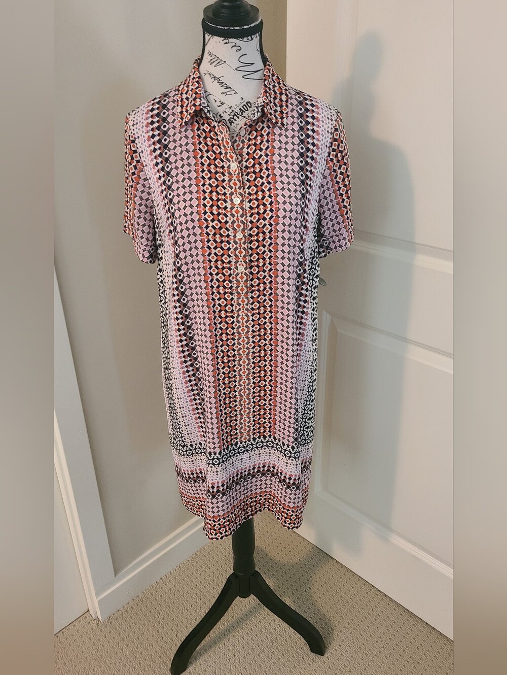 J Crew Silk Shirt  Dress Geometric Print Pink & Orange Retro Pattern Size 6